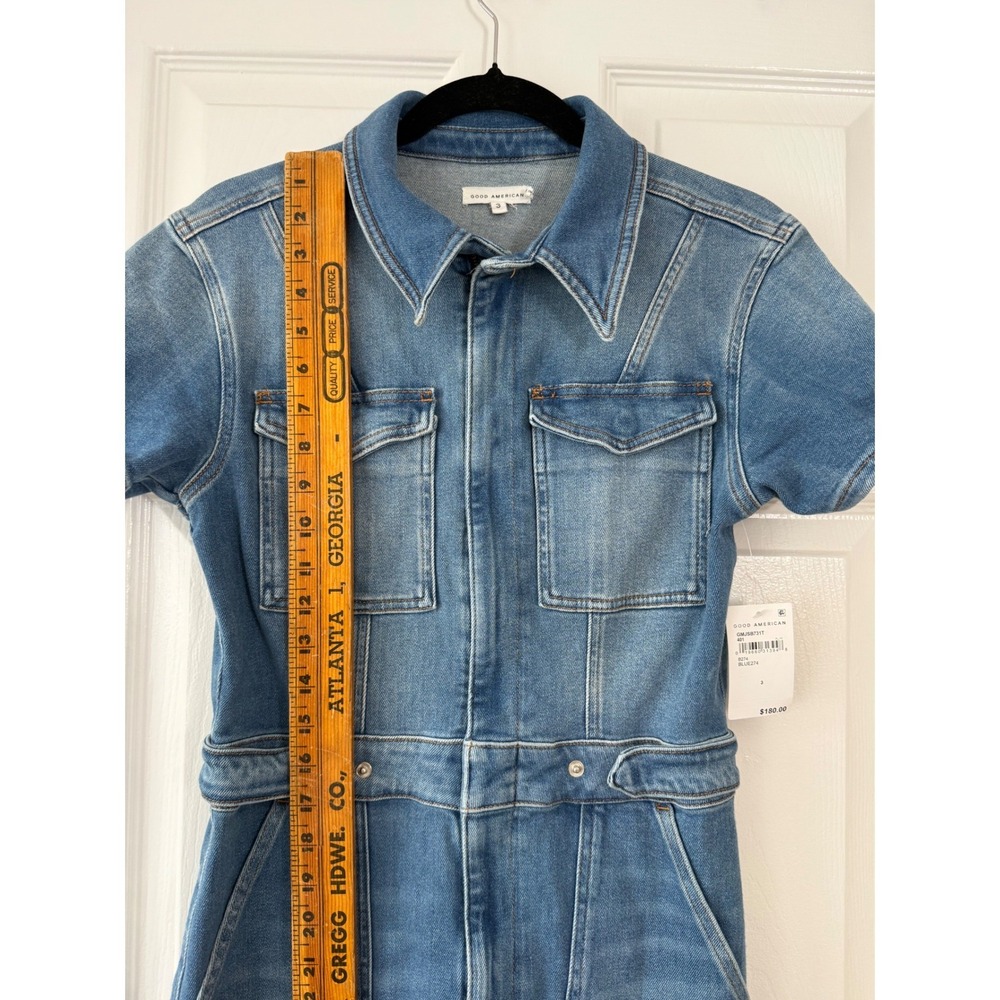 Good American Fit For Success Denim Jumpsuit Blue Short Sleeve Flare Size 3 NWT - Picture 5 of 11